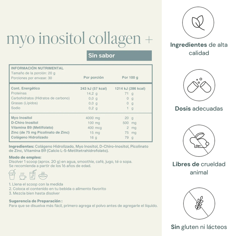Myo Inositol Collagen+ - Suplemento Alimenticio en Polvo, sin sabor - 600 g